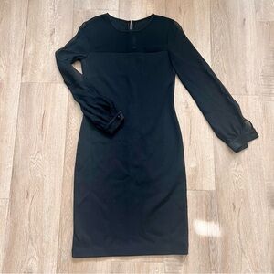$995 St. John Couture‎ Wool Silk Sheer Stretch Cocktail MIDI Black Dress Size 2